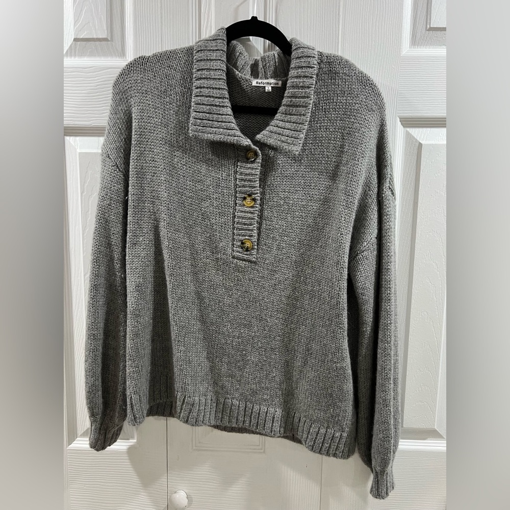 Gray Knit Sweater with Button Accents